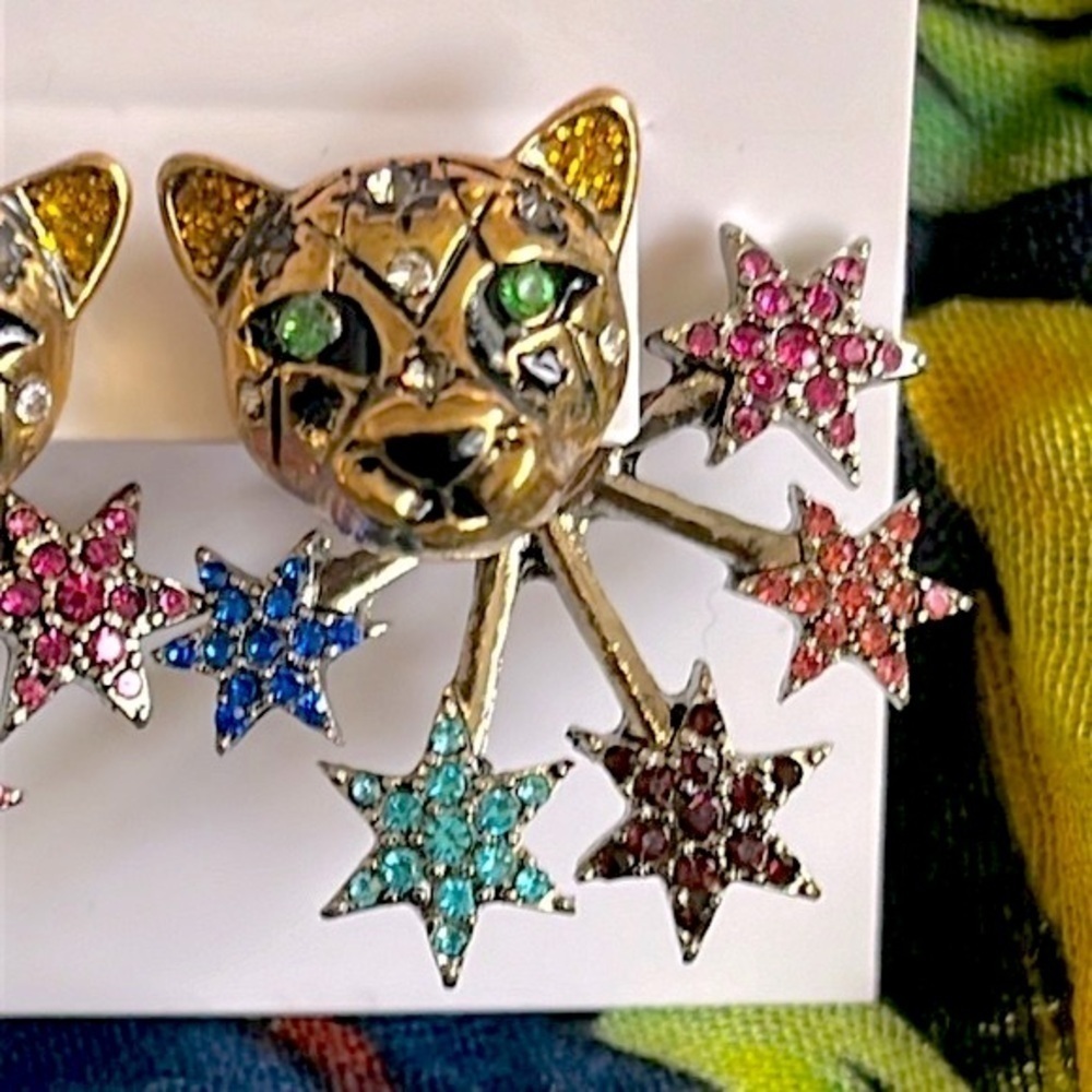 Brand New Betsey Johnson Leopard Colorful Stars Front Back Post Earrings Jungle - Picture 5 of 9